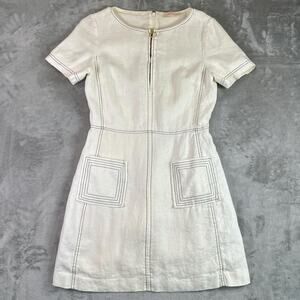 Tory Burch Linen Mini Dress Cream Short Sleeve Minimalist Summer Womens 6